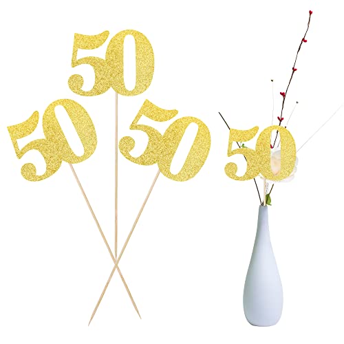 12 PCS Glitter 50th Birthday Centerpiece Sticks Number 50 Cake Toppers Fifty Table Flower Topper Decorations for 50th Birthday Anniversary Party Centerpiece Supplies Gold