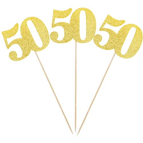 12 PCS Glitter 50th Birthday Centerpiece Sticks Number 50 Cake Toppers Fifty Table Flower Topper Decorations for 50th Birthday Anniversary Party Centerpiece Supplies Gold