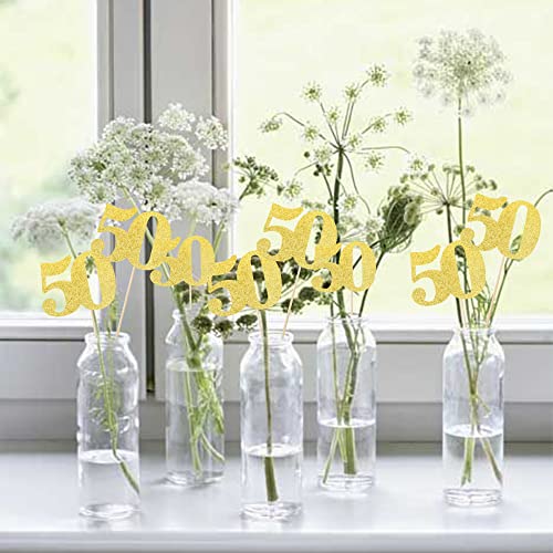 12 PCS Glitter 50th Birthday Centerpiece Sticks Number 50 Cake Toppers Fifty Table Flower Topper Decorations for 50th Birthday Anniversary Party Centerpiece Supplies Gold