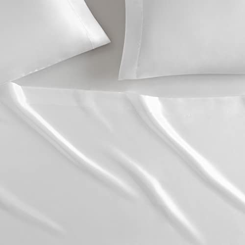 Serta SatinLuxury 4pc Soft Lightweight Deep Pocket Bedding Silky Satin Sheet Set with Pillowcases, King, White