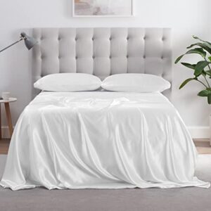 serta satinluxury 4pc soft lightweight deep pocket bedding silky satin sheet set with pillowcases, queen, white