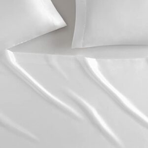 Serta SatinLuxury 4pc Soft Lightweight Deep Pocket Bedding Silky Satin Sheet Set with Pillowcases, Queen, White