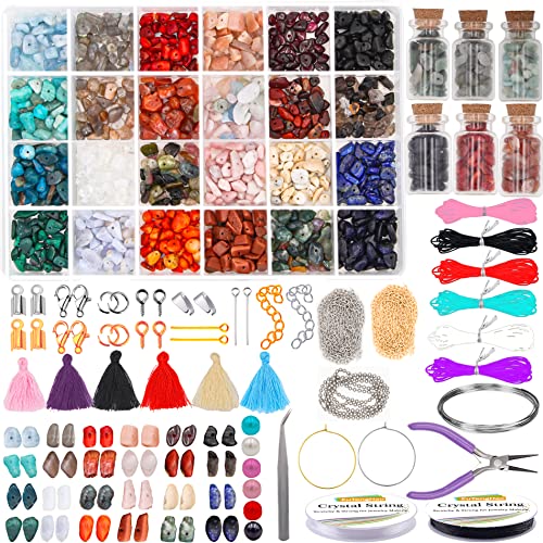 EuTengHao Irregular Chip Stone Beads Kit with Wishing Bottles,Crystal Gemstone Beads and Tassels,Jewelry Wires,Pliers,Rings,Jewelry Findings for Necklace Bracelet Earring Ring Making (1319Pcs)