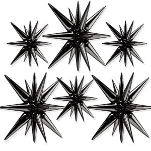 partywoo star balloons 6 pcs, one-piece 14-pointed star explosion balloons with ribbon, black point star foil balloons, large mylar balloons fireworks shape for birthday retirement (27 & 22 inch)