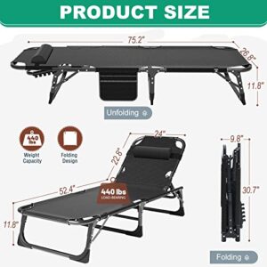 Camping Cot, Adjustable 4-Position Adults Reclining folding Chaise with Pillow, Outdoor portable Lounge Chair Sleeping Cots Bed, Perfect for Camping, Pool, Beach, Patio