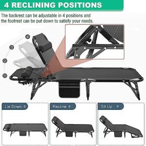 Camping Cot, Adjustable 4-Position Adults Reclining folding Chaise with Pillow, Outdoor portable Lounge Chair Sleeping Cots Bed, Perfect for Camping, Pool, Beach, Patio