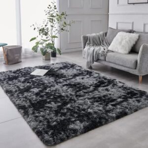 tabayon shag area rug, 5x7 ft tie-dyed dark grey upgrade anti-skid durable rectangular cozy , high pile soft throw rug for nursery room living room