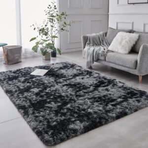 TABAYON Shag Area Rug, 5x7 Ft Tie-Dyed Dark Grey Upgrade Anti-Skid Durable Rectangular Cozy , High Pile Soft Throw Rug for Nursery Room Living Room