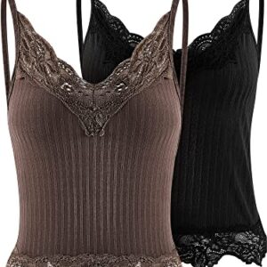 2 Pcs Women Lace Patchwork Crop Top Fairy Grunge Style Cropped Tees Y2k E Girls Clothes Cami Ribbed Knitted Tank Tops(Brown, Black,Small)