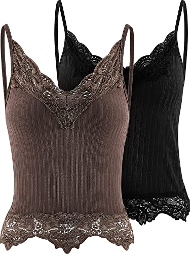 2 Pcs Women Lace Patchwork Crop Top Fairy Grunge Style Cropped Tees Y2k E Girls Clothes Cami Ribbed Knitted Tank Tops(Brown, Black,Small)