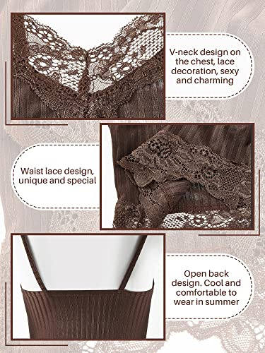 2 Pcs Women Lace Patchwork Crop Top Fairy Grunge Style Cropped Tees Y2k E Girls Clothes Cami Ribbed Knitted Tank Tops(Brown, Black,Small)