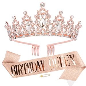 birthday queen sash & crystal tiara kit, didder rhinestones crown glitter birthday sash birthday crowns for women girls birthday tiaras for women hair accessories for prom party gift (rose gold)