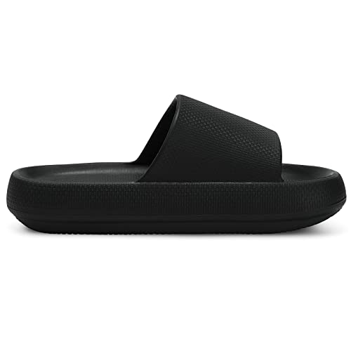 welltree Slides for Women Men Pillow Slippers Non-Slip Bathroom Shower Sandals Soft Thick Sole Indoor and Outdoor Slides,Black,11.5-12.5 Women/10-11 Men