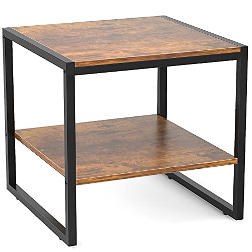 Homieasy End Table, 20 Inch Square Side Table Modern Night Stand with 2-Tier Storage Shelf, Living Room Small Coffee Table, Wood Finish Bedside Table for Bedroom, Rustic Brown