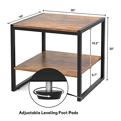 Homieasy End Table, 20 Inch Square Side Table Modern Night Stand with 2-Tier Storage Shelf, Living Room Small Coffee Table, Wood Finish Bedside Table for Bedroom, Rustic Brown