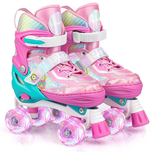 Roller Skates for Kids Girls Boys 4 Size Adjustable Kids Roller Skates with Wheels Light up for Children, Teens, Beginner & Advance, Indoor Outdoor (Medium, A-Pink)