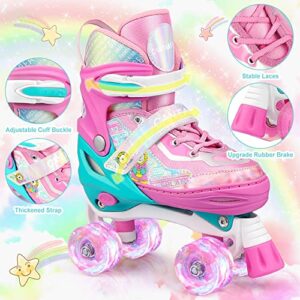 Roller Skates for Kids Girls Boys 4 Size Adjustable Kids Roller Skates with Wheels Light up for Children, Teens, Beginner & Advance, Indoor Outdoor (Medium, A-Pink)