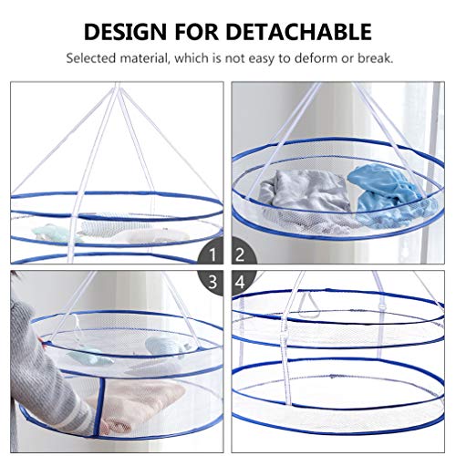 Healifty 1pc Hanging Mesh Dryer Gauze Steel Wire Round Shaped Windproof Detachable Double- Layer Foldable Clothes Drying Net Steel Ring Design Flat Clothes Drying Net for Underwear Lingerie (Blue)