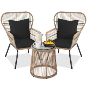 best choice products 3-piece patio conversation bistro set, outdoor all-weather wicker furniture for porch, backyard w/ 2 wide ergonomic chairs, cushions, glass top side table - natural/black