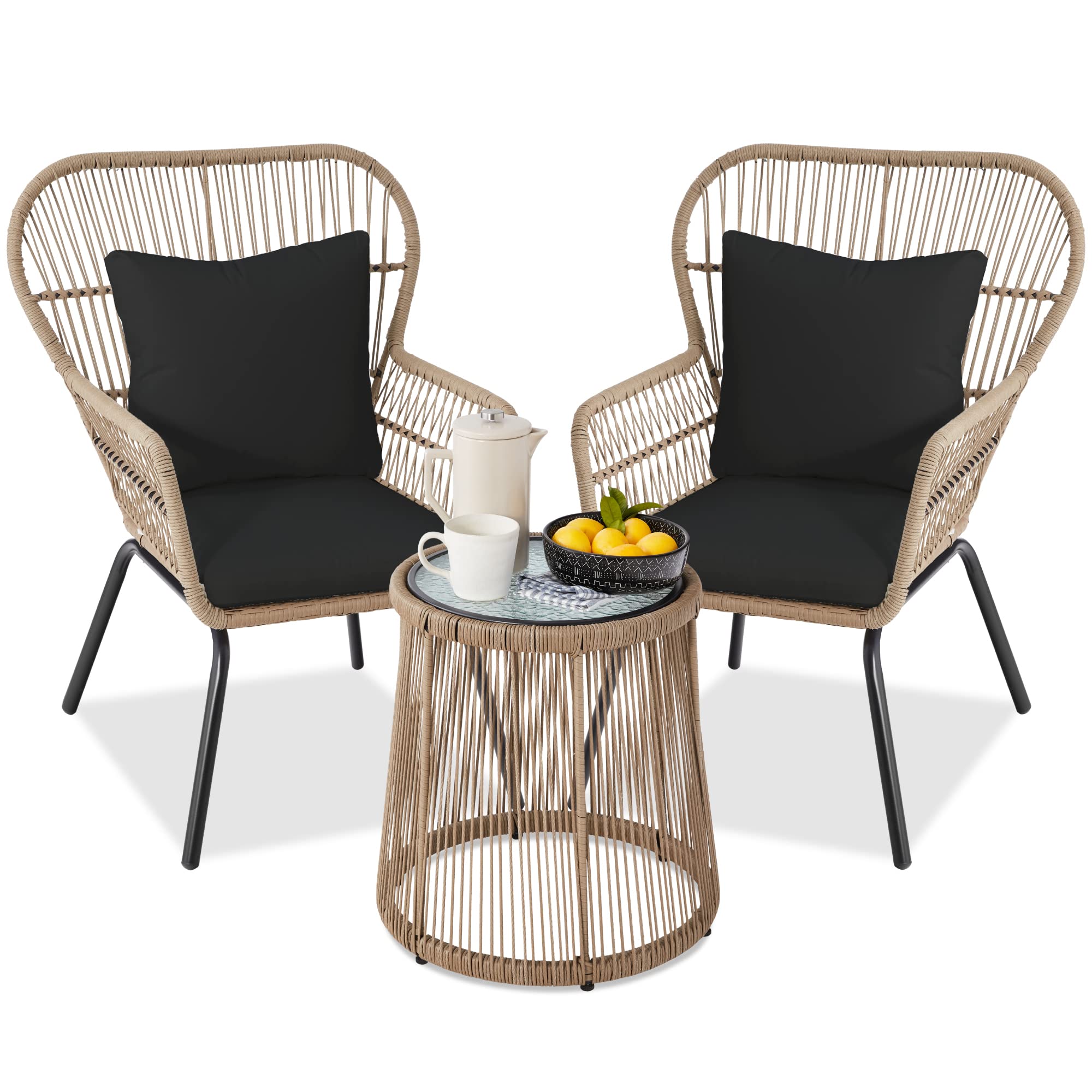 Best Choice Products 3-Piece Patio Conversation Bistro Set, Outdoor All-Weather Wicker Furniture for Porch, Backyard w/ 2 Wide Ergonomic Chairs, Cushions, Glass Top Side Table - Natural/Black