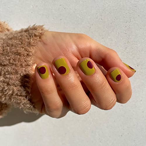Ezpieces Press on Nails with Design, Fake Nails with Glue Short Coffin, Acrylic Artificial Nails False Nails Simple Dots French Tip for Women Daily Life Holiday (Waltz of Love)