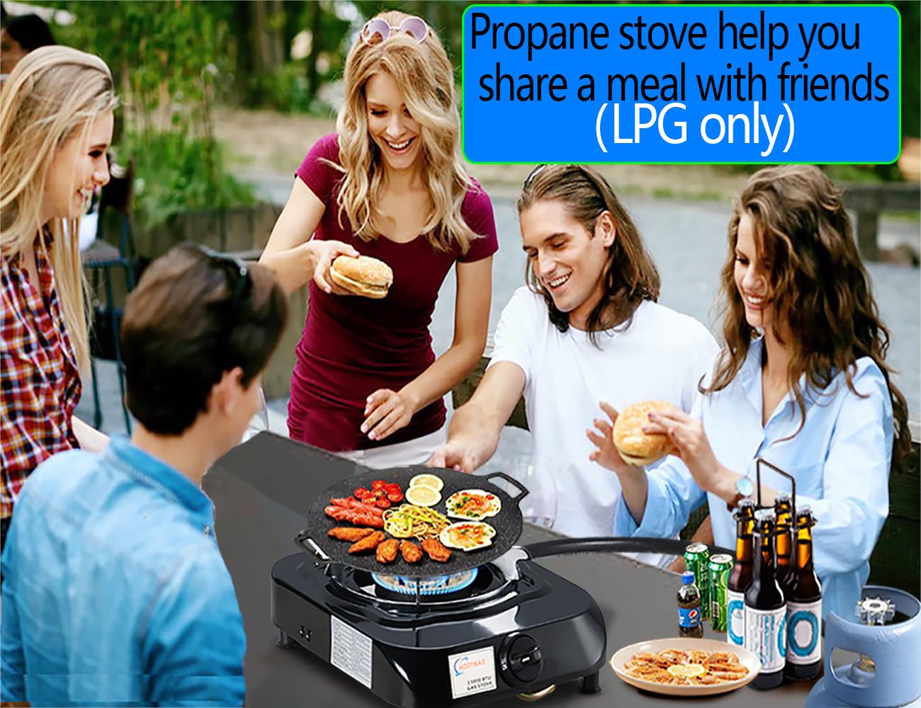 Horynar Single Burner Propane Stove with Propane Adapter Hose 13000 BTU Smart Switch Protection for Children. Portable, Unique Body Integrated Design