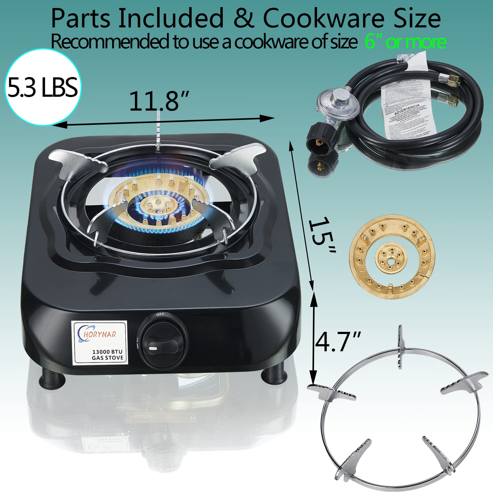 Horynar Single Burner Propane Stove with Propane Adapter Hose 13000 BTU Smart Switch Protection for Children. Portable, Unique Body Integrated Design