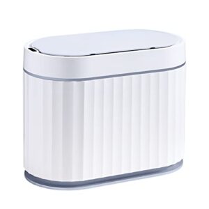 elpheco mini desktop trash can with lid, small slim automatic garbage can, 1.3 gallon motion sensor countertop waste basket for bedroom, office, bathroom, white with grey trim