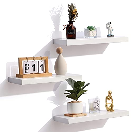 Floating Shelves White, Solid Wood Wall Shelves with Invisible Brackets Set of 3, Wall Mounted Floating Shelf for Bedroom Living Room Bathroom Kitchen, Shelves for Wall Decor Storage