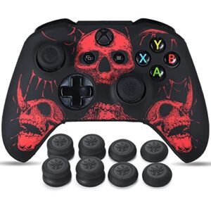 yorha laser carving silicone skin for xbox one s/x controller x 1(skulls red) with exclusive thumb grips x 8