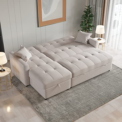 MGH Reversible Sectional Sleeper 82In Wide Couch with Storage, Pull-Out Sofa Bed, L-Shape with Chaise for Living Room Small Apartment (Light Grey), LV7047