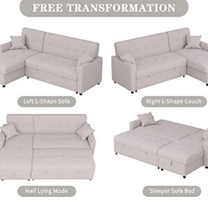 MGH Reversible Sectional Sleeper 82In Wide Couch with Storage, Pull-Out Sofa Bed, L-Shape with Chaise for Living Room Small Apartment (Light Grey), LV7047