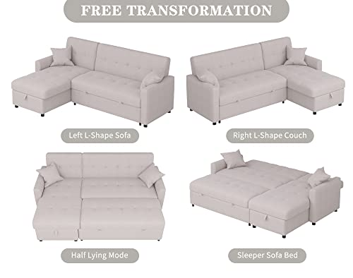 MGH Reversible Sectional Sleeper 82In Wide Couch with Storage, Pull-Out Sofa Bed, L-Shape with Chaise for Living Room Small Apartment (Light Grey), LV7047