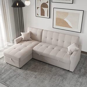 MGH Reversible Sectional Sleeper 82In Wide Couch with Storage, Pull-Out Sofa Bed, L-Shape with Chaise for Living Room Small Apartment (Light Grey), LV7047