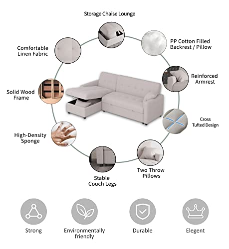 MGH Reversible Sectional Sleeper 82In Wide Couch with Storage, Pull-Out Sofa Bed, L-Shape with Chaise for Living Room Small Apartment (Light Grey), LV7047