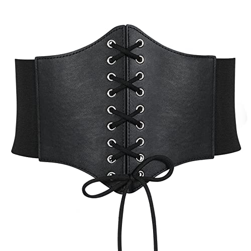 VONMELLI Corset Belt for Women Lace Up Elastic Waist Belts Retro Wide Tied Waspie Belt for Halloween Costume Black S