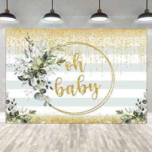 lofaris oh baby backdrop baby shower green leaves gold ring golden glitter stripes photography background for boy girl baby shower gender neutral newborn party decoration banner photo booth prop 9x6ft