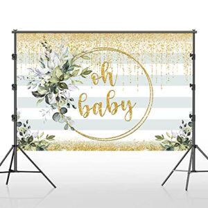 Lofaris Oh Baby Backdrop Baby Shower Green Leaves Gold Ring Golden Glitter Stripes Photography Background for Boy Girl Baby Shower Gender Neutral Newborn Party Decoration Banner Photo Booth Prop 9x6ft