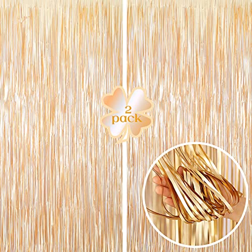 LILF 2 Pack of 3.3ft x 8.3ft Matte Metallic Foil Fringe Curtain for Birthday Party Wedding Bridal Baby Shower Photo Booth Backdrop Christmas Home Decoration Props (Matte Gold)