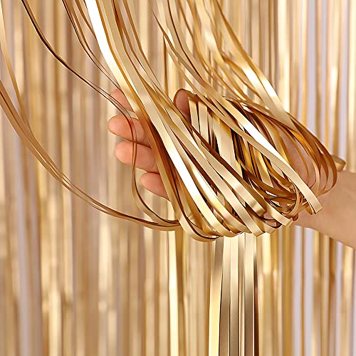 LILF 2 Pack of 3.3ft x 8.3ft Matte Metallic Foil Fringe Curtain for Birthday Party Wedding Bridal Baby Shower Photo Booth Backdrop Christmas Home Decoration Props (Matte Gold)