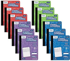 mead primary composition notebook k-2, 12 pack primary ruled composition book, color may vary, grades k-2 writing dotted lined notebook, 100 sheets (200 pages) 489902elg