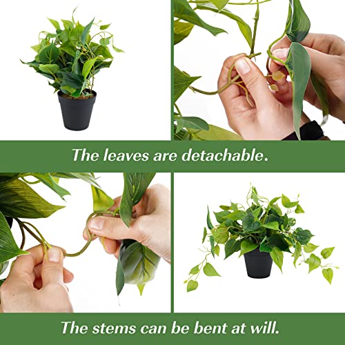 JPSOR Faux Plants for Home Décor, Small Indoor Fake/Artificial Potted Plants Pothos with Black Plastic Pot for Outdoor Living Room Bedroom Office Garden