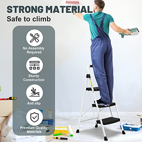 SocTone 3 Step Ladder, Folding Step Stool for Adults with Handle, Lightweight, Perfect for Kitchen& Household, 500lbs Capacity Sturdy Steel Ladder White