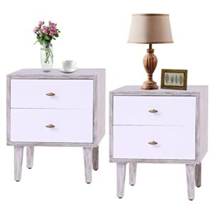 kinbor modern nightstand set of 2, side end table bedside tables with 2 storage drawers and solid wood legs, night stands for bedroom living room, gray/white