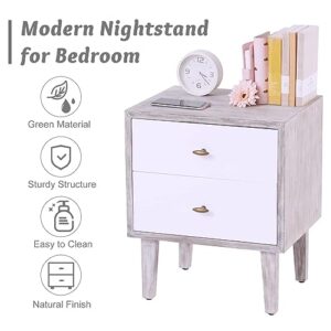 kinbor Modern Nightstand Set of 2, Side End Table Bedside Tables with 2 Storage Drawers and Solid Wood Legs, Night Stands for Bedroom Living Room, Gray/White