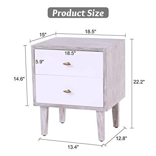 kinbor Modern Nightstand Set of 2, Side End Table Bedside Tables with 2 Storage Drawers and Solid Wood Legs, Night Stands for Bedroom Living Room, Gray/White