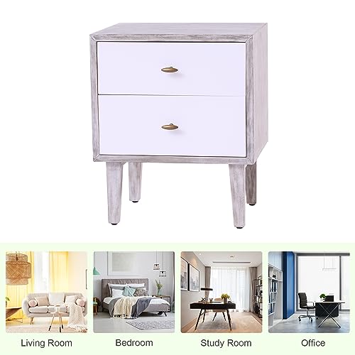 kinbor Modern Nightstand Set of 2, Side End Table Bedside Tables with 2 Storage Drawers and Solid Wood Legs, Night Stands for Bedroom Living Room, Gray/White