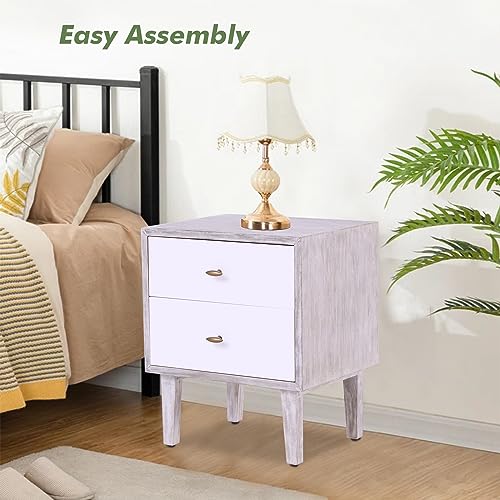 kinbor Modern Nightstand Set of 2, Side End Table Bedside Tables with 2 Storage Drawers and Solid Wood Legs, Night Stands for Bedroom Living Room, Gray/White