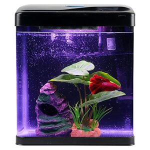 Betta Fish Tank Self Cleaning Glass 2 Gallon Small Nano Aquarium Starter Kits Desktop Room Decor w/LED Light Decorations & Whisper Filters Water Pump (Fish Tank)