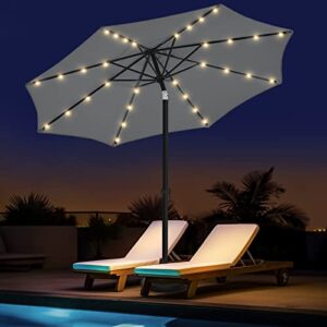 wikiwiki 9ft outdoor patio table umbrella, sturdy solar led market umbrella for deck, pool, garden w/tilt, crank, 32 led lights - dark grey